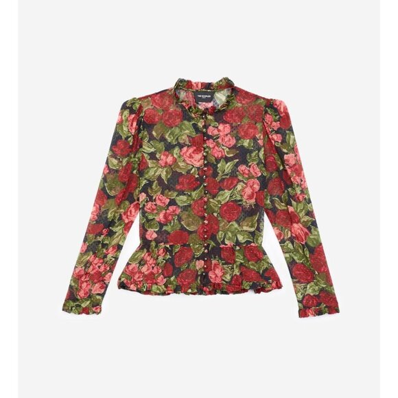 NWT The Kooples Red & Black Floral Silk-Blend Peplum Blouse Size 8 - Picture 1 of 9